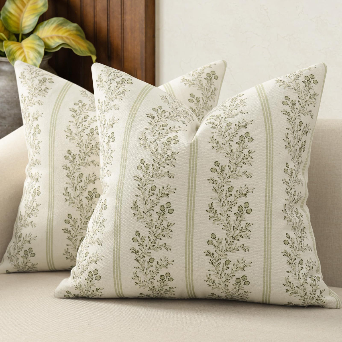 Vintage Throw Pillow Covers 18x18 Set of 2, Striped Floral Pillow Cover Botanical Patterned Decorative Cushion Covers Modern Farmhouse Home Decor for Sofa Couch Bed Living Room, Light Blue