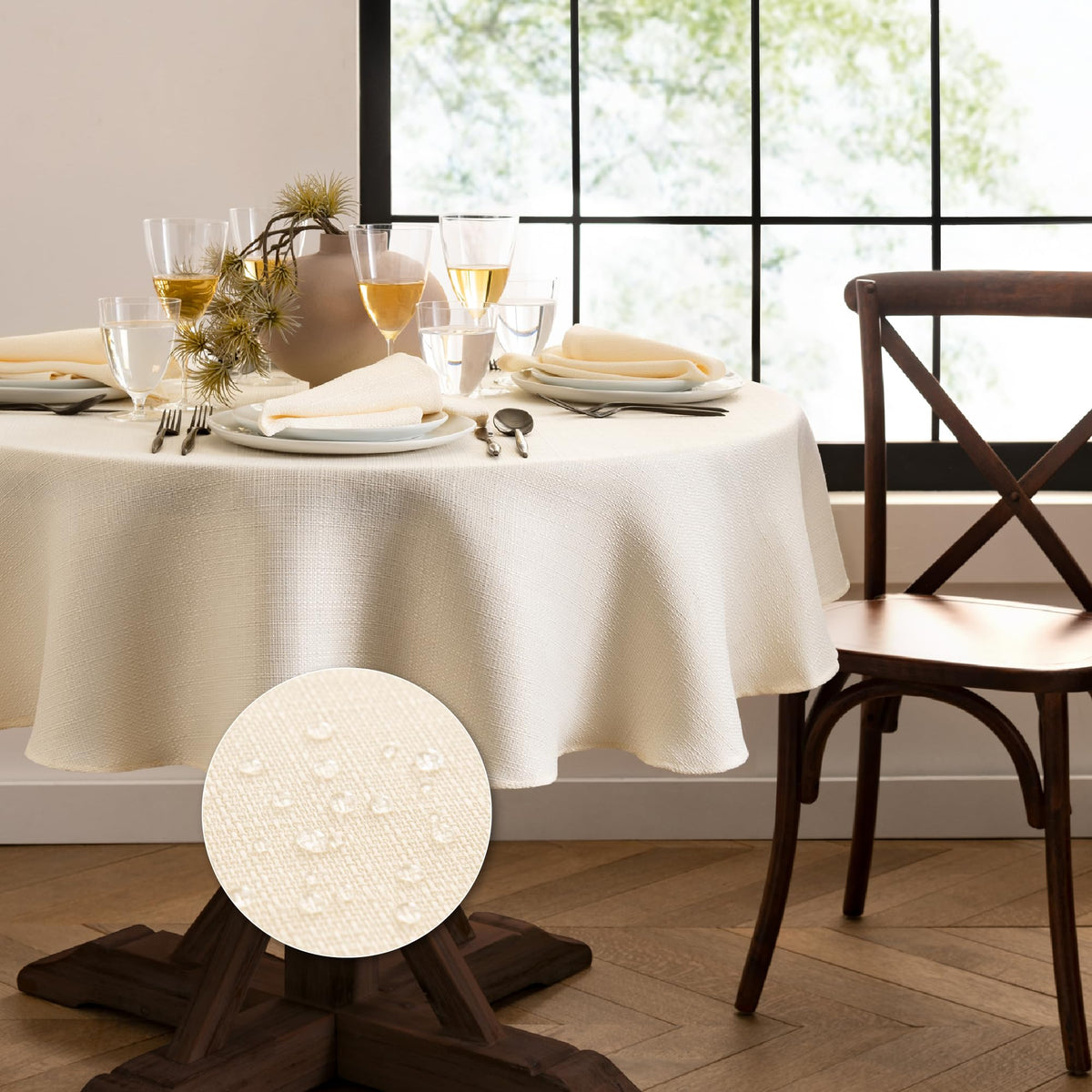 Elrene Home Fashions Laurel Solid Texture Water and Stain Resistant Tablecloth, 90" Round, Gray