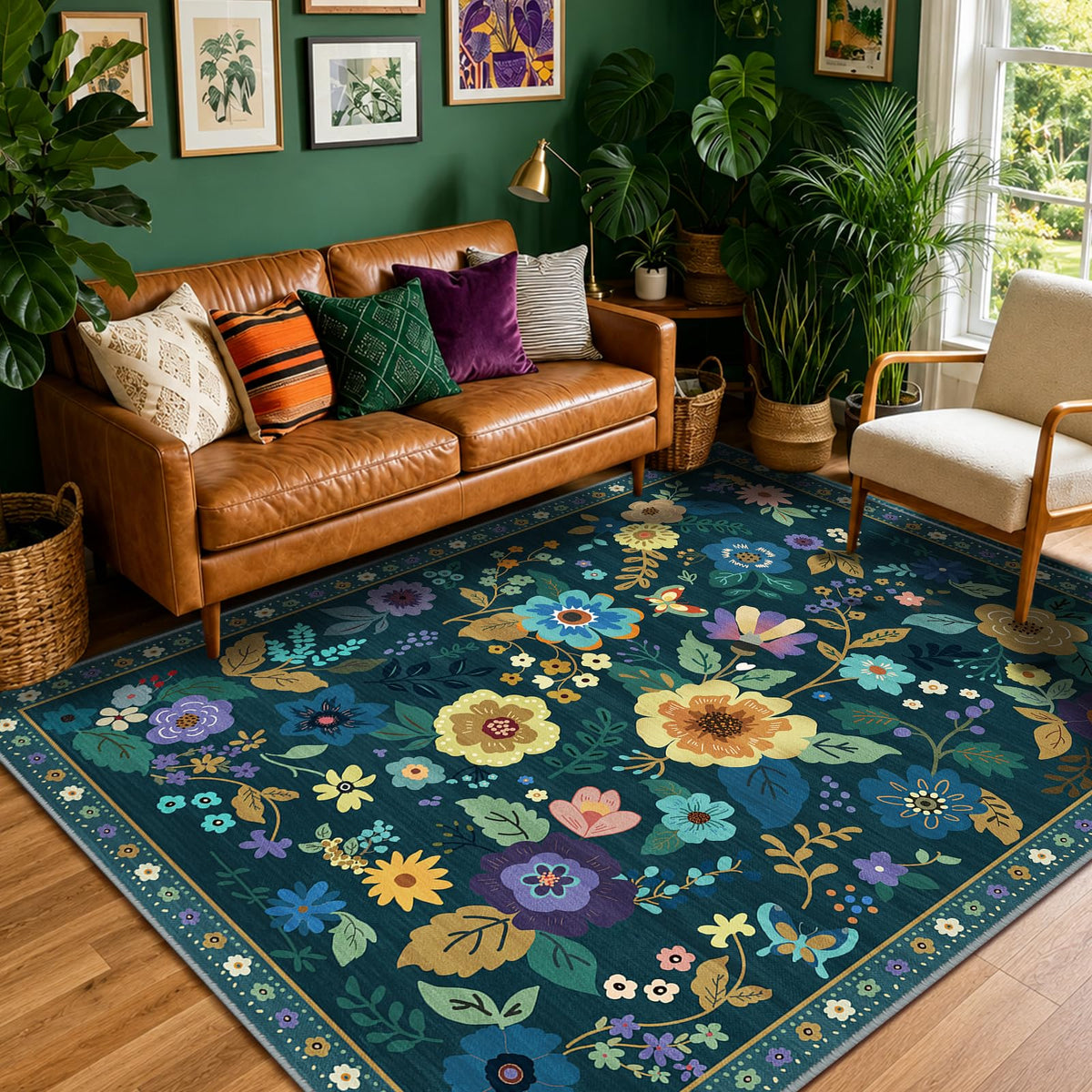 RELEANY Floral Washable 5x7 Area Rugs Black