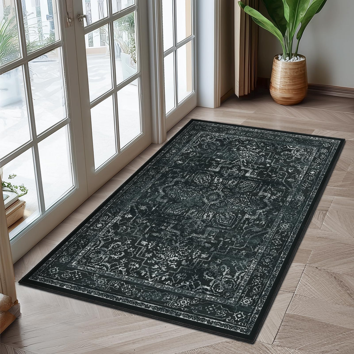Vintage Dark Green Area Rugs 5x7 for Living Room, Tranditional Distressed Medallion Printed Low Pile Thin Rugs for Bedroom, Non Slip Washable Carpet Rugs for Dining Room/Kitchen/Home Office