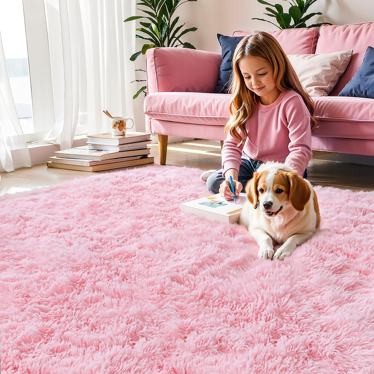 Pink Fluffy 4x6 Area Rugs for Bedroom Girls, Plush Washable Carpet