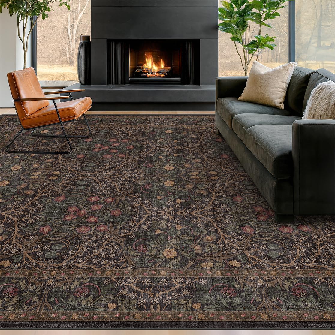 Vintage Floral Dark Green 3x5 Area Rugs for Entryway, Kitchen, Bedroom Beside Rug, Laundry Room, Non-Slip Low Pile Ultra Soft Stain Resistant Small Carpet