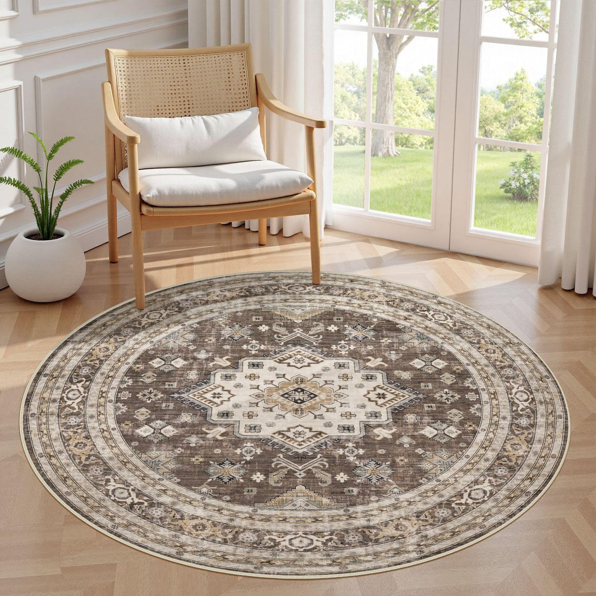 cotiled 5x7 Area Rug for Living Room, Washable, Traditional, Beige