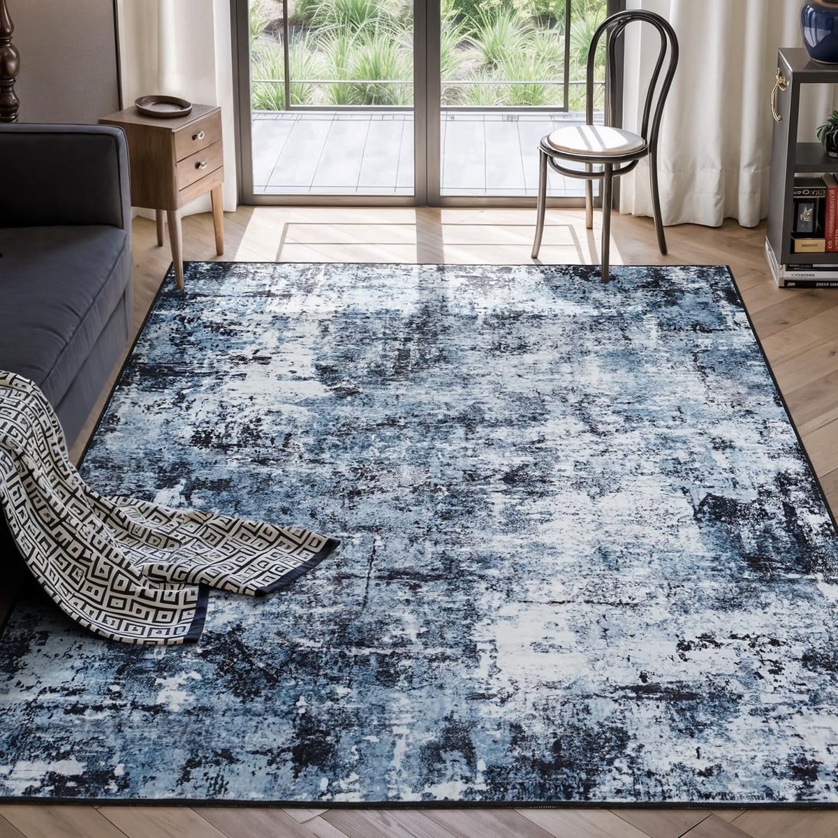 Rugflix 8x10 Area Rugs for Living Room, Washable Large Rug Stain-Resistant Low Pile, Modern Dark Carpet for Dining Room Home Office Kid Room Nursery Bedroom, Navy Blue/Black