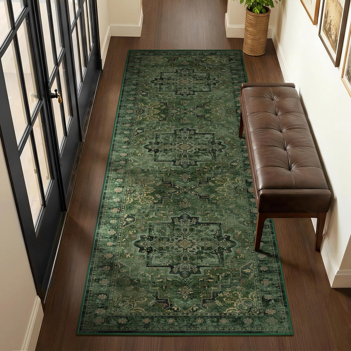 Vintage Dark Green Area Rugs 5x7 for Living Room, Tranditional Distressed Medallion Printed Low Pile Thin Rugs for Bedroom, Non Slip Washable Carpet Rugs for Dining Room/Kitchen/Home Office