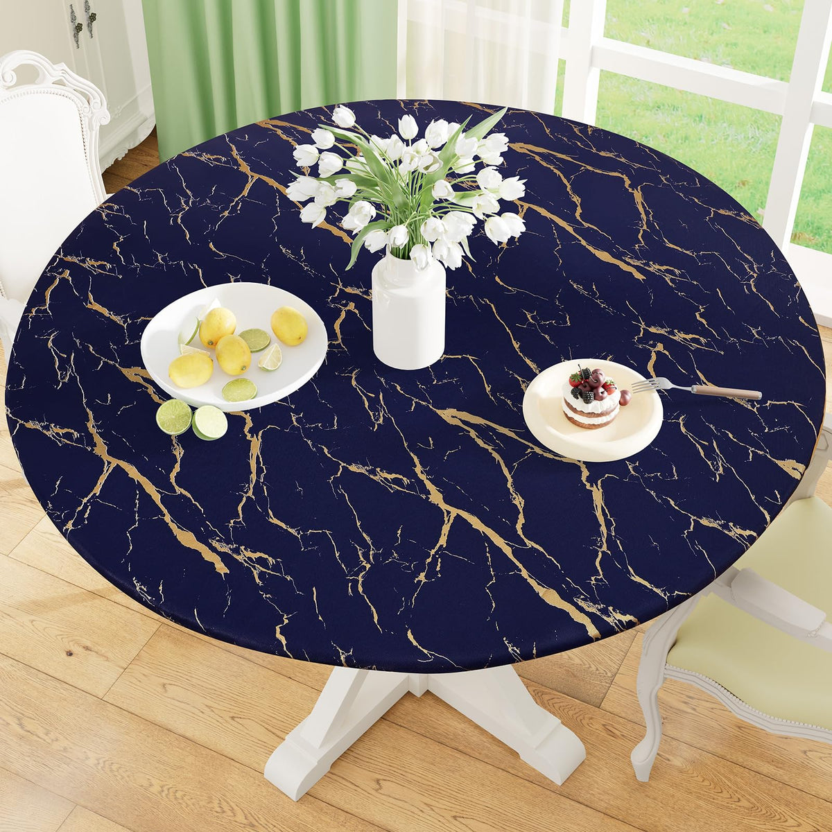 misaya Round Fitted Tablecloth with Elastic Edge, 100% Waterproof Oil Proof Plastic Table Cover, Vinyl Flannel Backed Tablecloth Fits 36"-44" Round Tables for Dinner, Outdoor, Picnic, Flowers