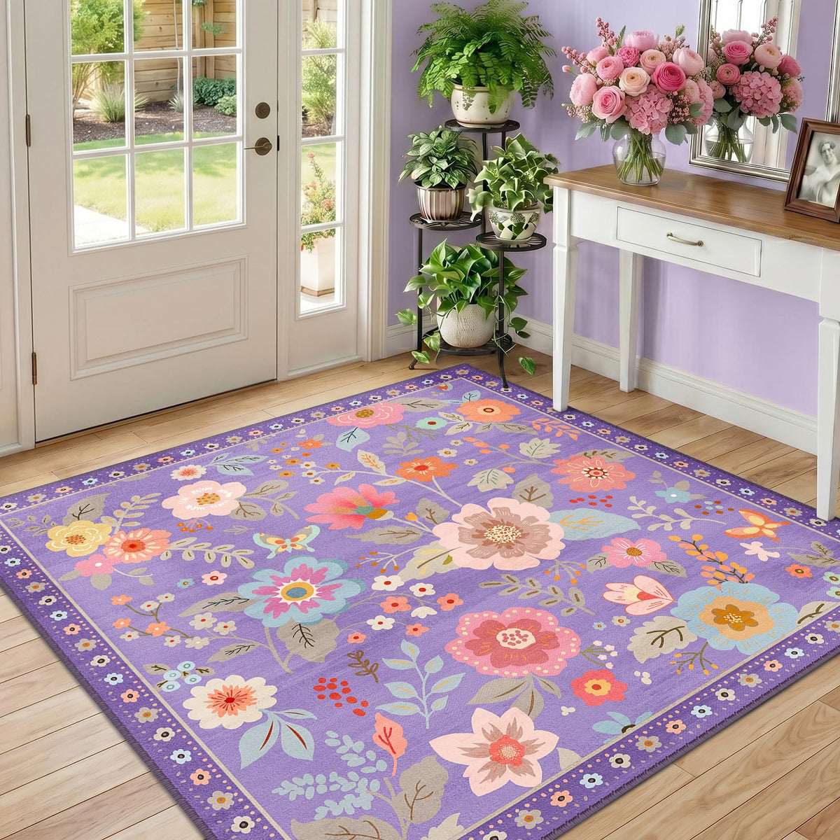 RELEANY Floral Washable 5x7 Area Rugs Black