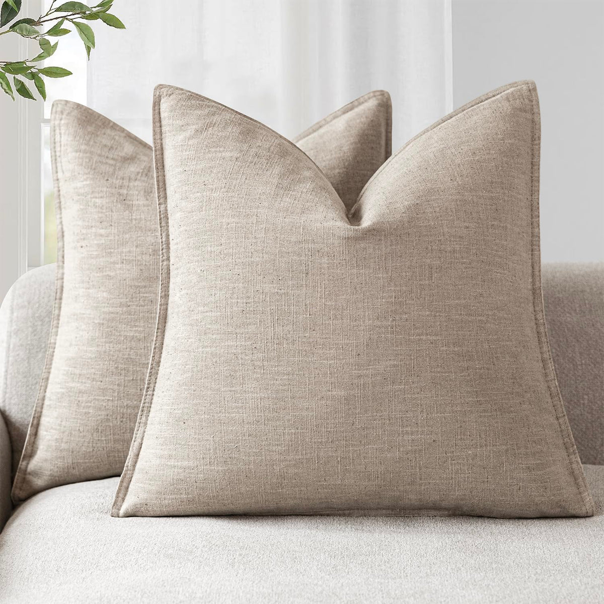 Foindtower Linen Solid Decorative Throw Pillow Covers 18x18 Natural Beige