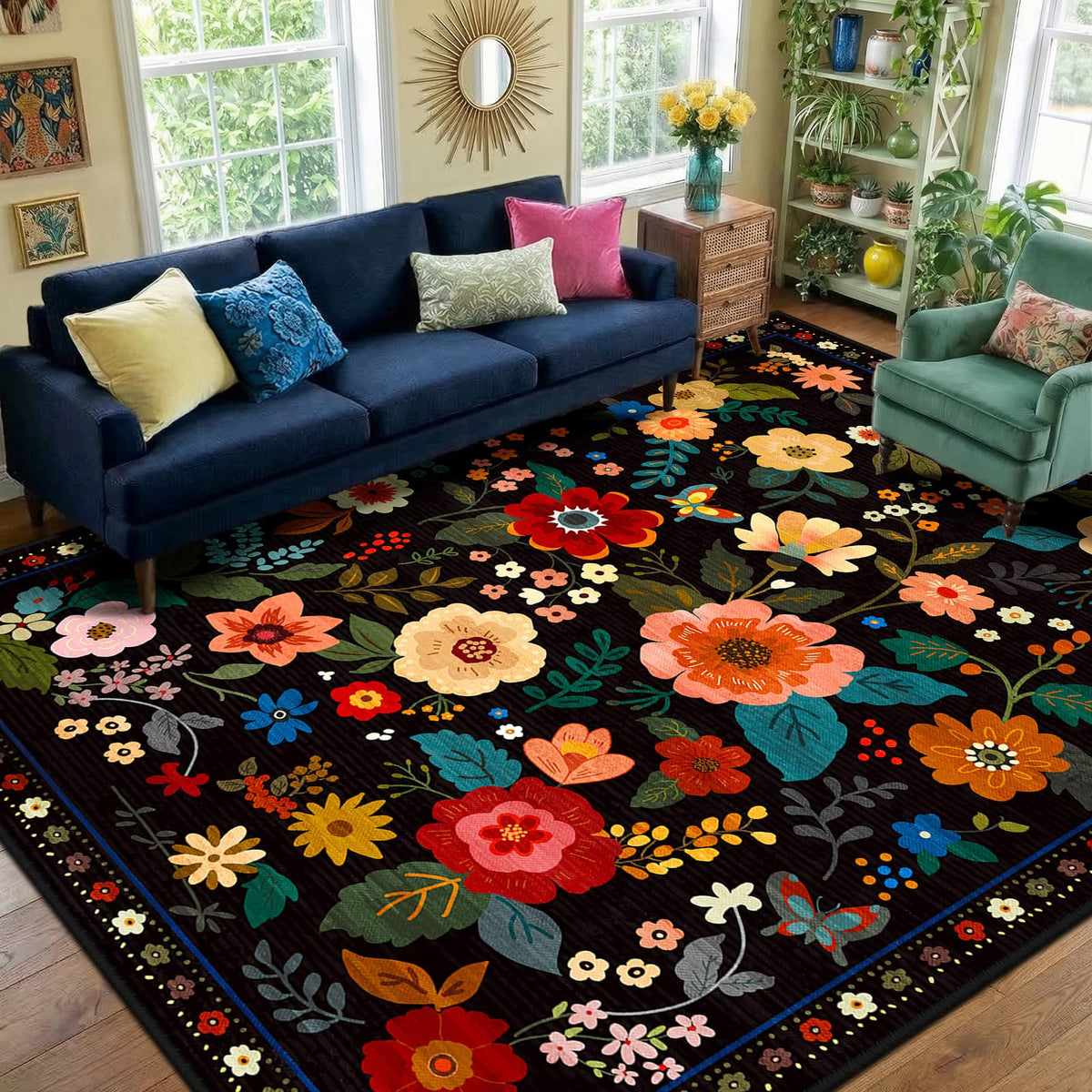 RELEANY Floral Washable 5x7 Area Rugs Black