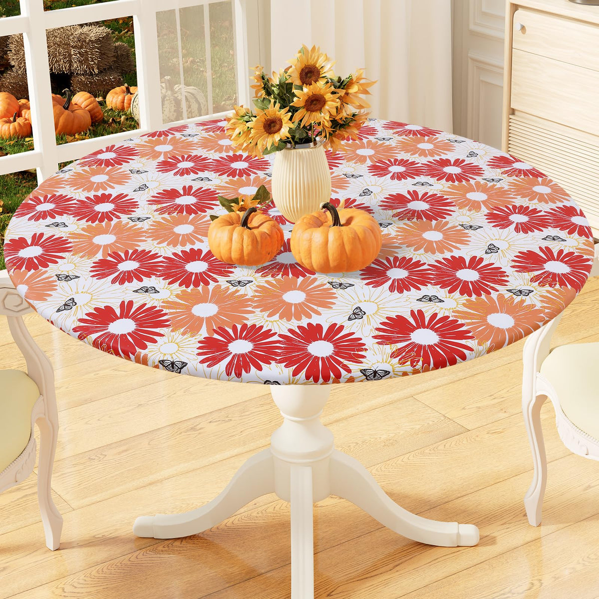 misaya Round Fitted Tablecloth with Elastic Edge, 100% Waterproof Oil Proof Plastic Table Cover, Vinyl Flannel Backed Tablecloth Fits 36"-44" Round Tables for Dinner, Outdoor, Picnic, Flowers