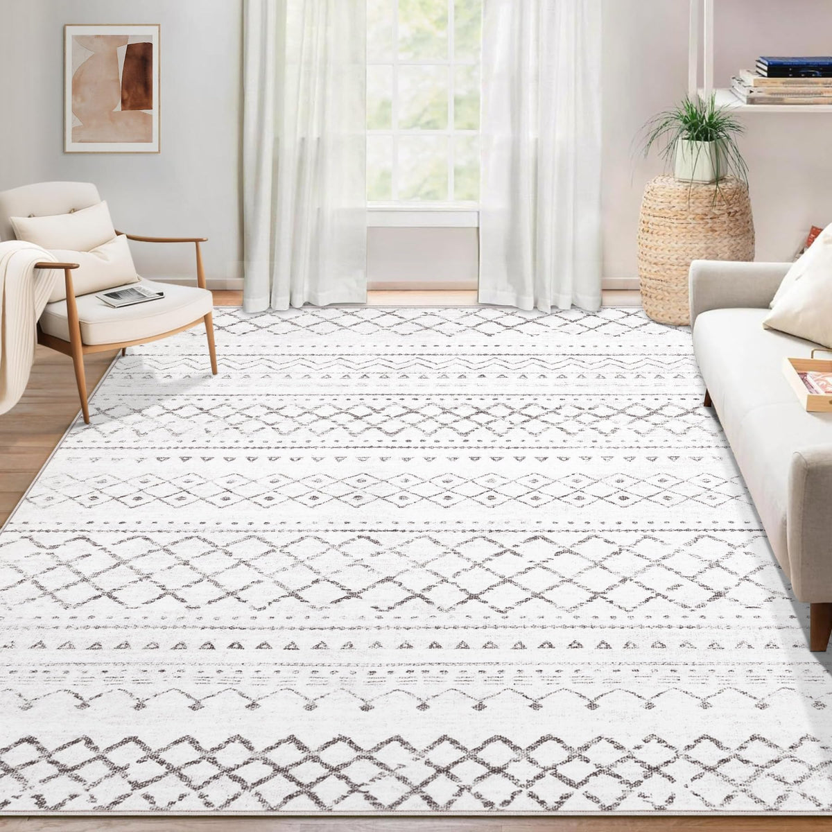 Area Rug for Living Room 6x9: Large Washable Boho Moroccan Rugs Geometric Neutral Rug, Non-Slip Foldable Morden Farmhouse Indoor Floor Carpet for Bedroom Dining Table Home(Brown Green,6'x9')