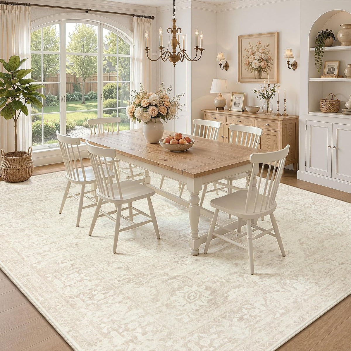 8x10 Area Rugs for Living Room: Washable Boho Vintage Floral Rug Large Soft Non-Slip Rugs Stain Resistant Low Pile Indoor Carpet for Bedroom Dining Room Nursery Home Office Beige