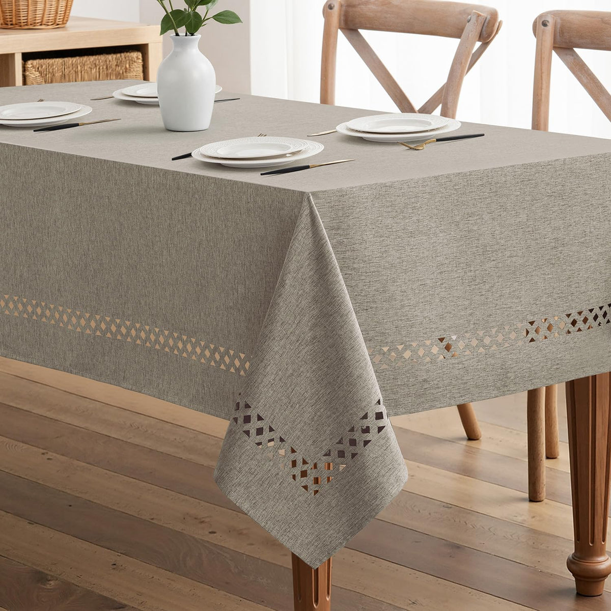 MIULEE Beige Rectangle Tablecloth with Decorative Cutouts 60x104 inch