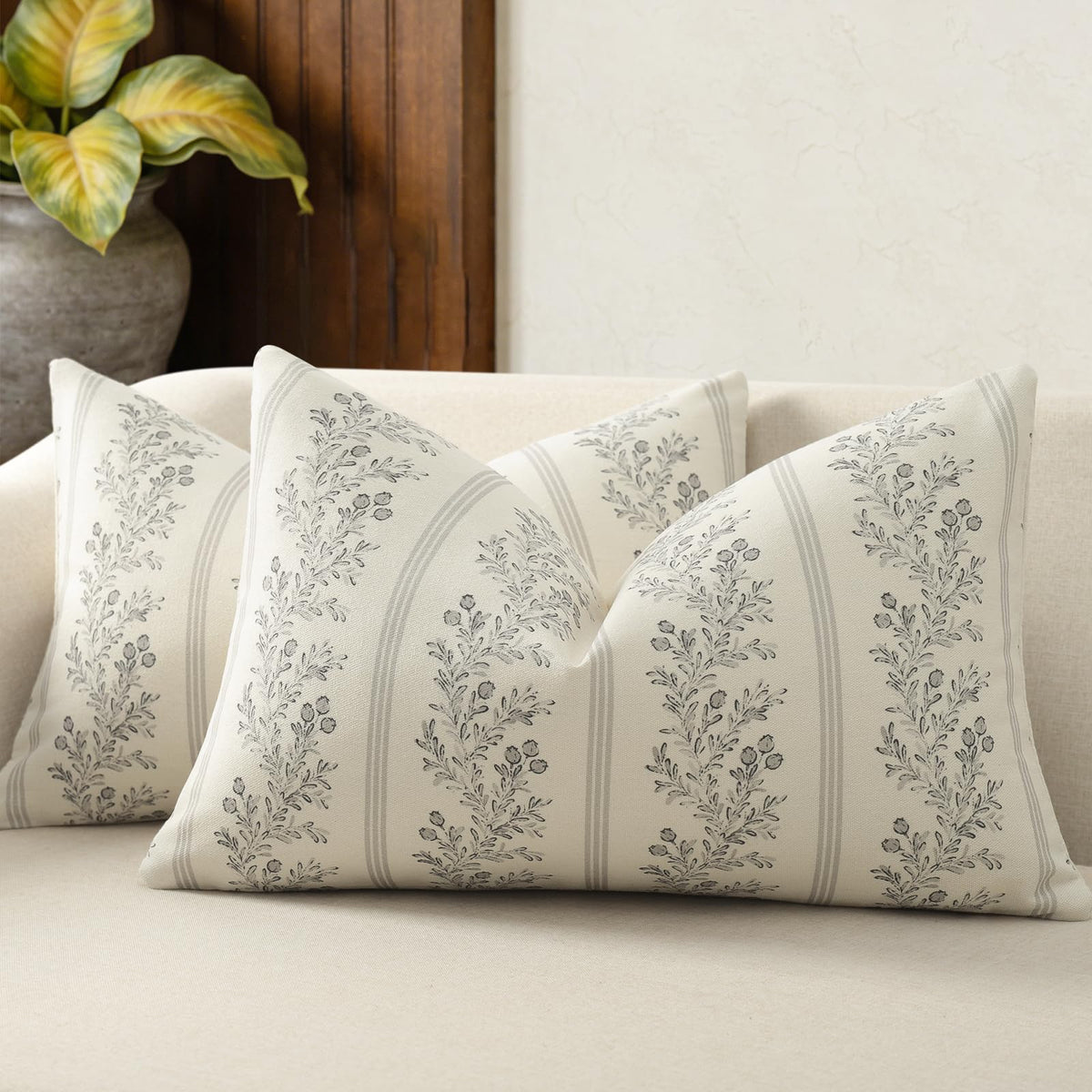Vintage Throw Pillow Covers 18x18 Set of 2, Striped Floral Pillow Cover Botanical Patterned Decorative Cushion Covers Modern Farmhouse Home Decor for Sofa Couch Bed Living Room, Light Blue
