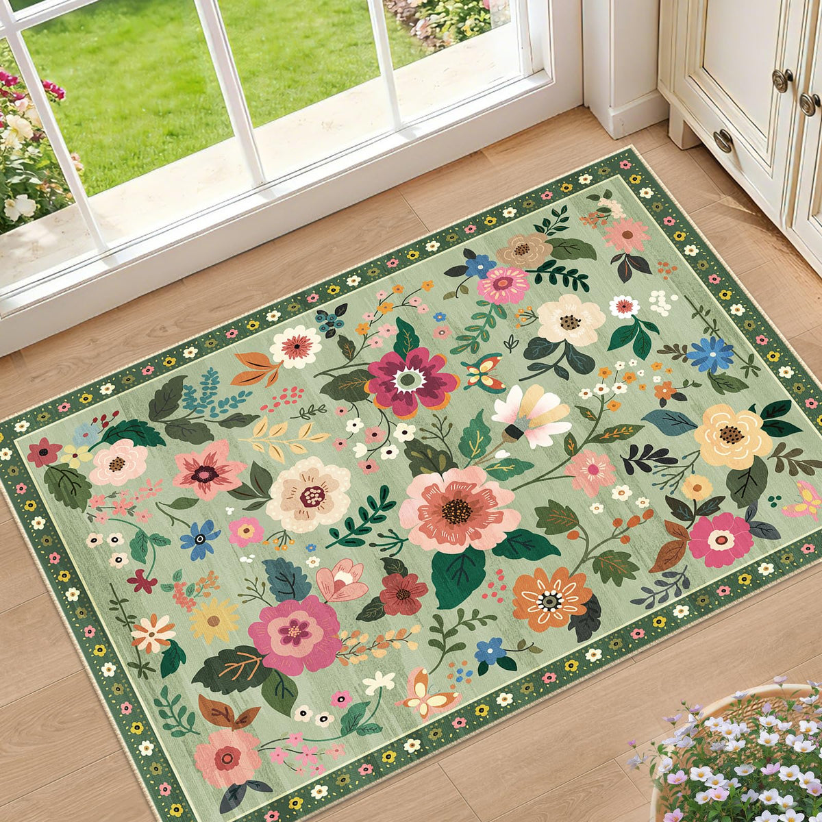 RELEANY Floral Washable 5x7 Area Rugs Black