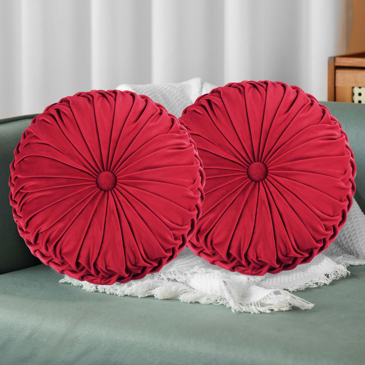 HIG Set of 2 Olive Velvet Decorative Round Pleated Throw Pillows