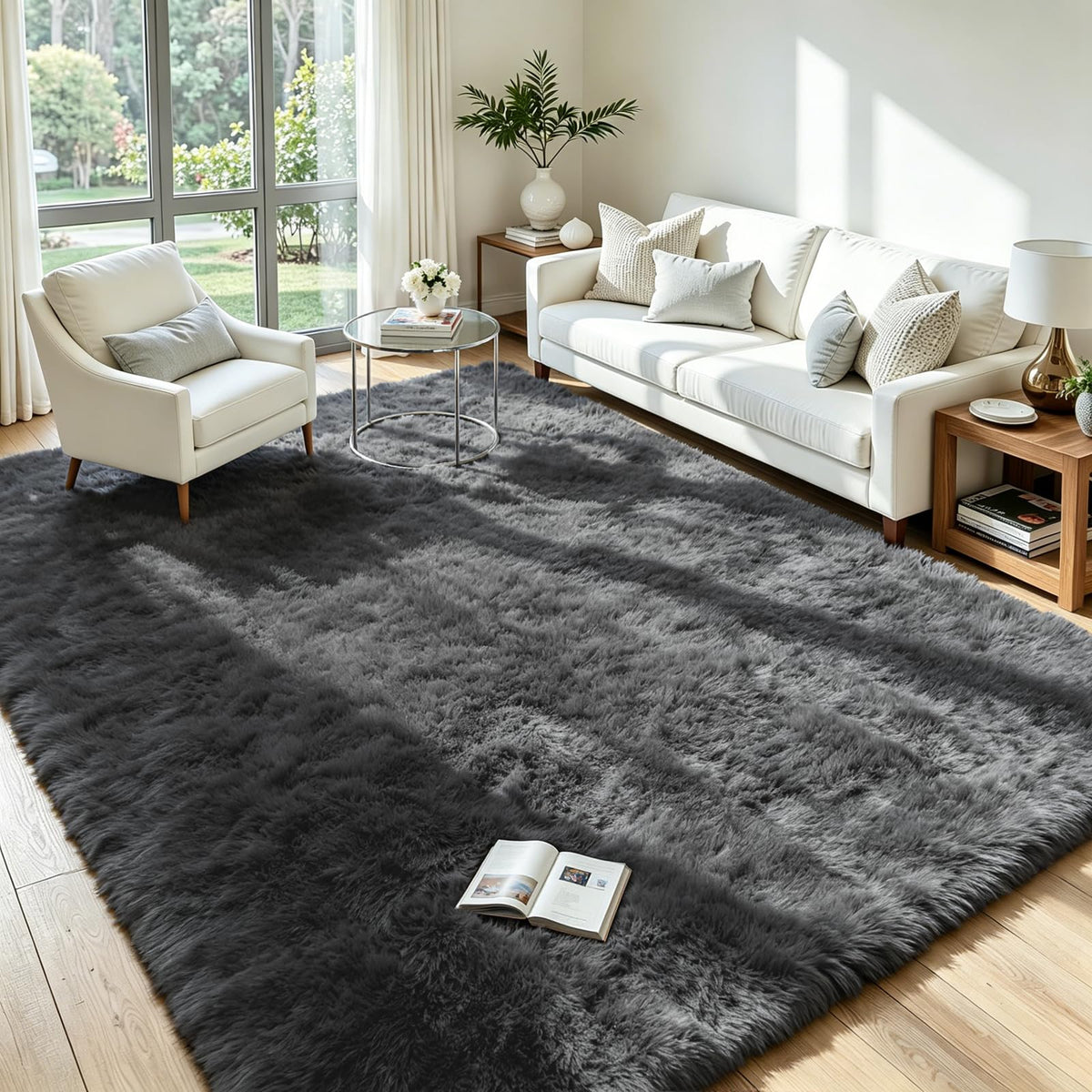 8x10 Fluffy Area Rug for Living Room: Soft Non-Slip Black Bedroom Carpet