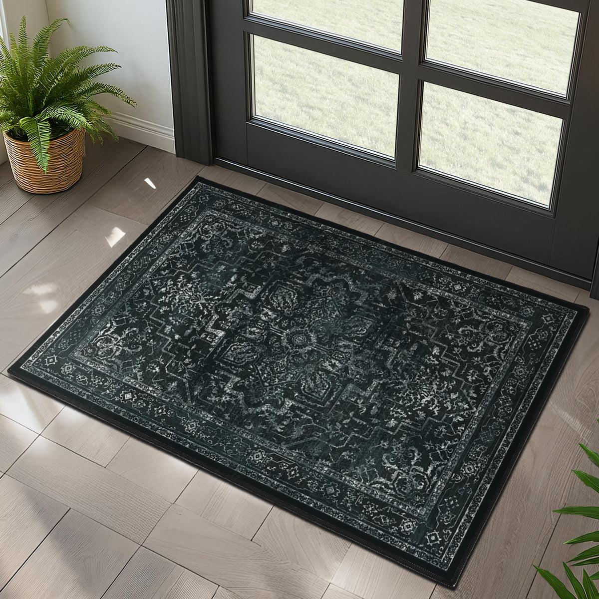 Vintage Dark Green Area Rugs 5x7 for Living Room, Tranditional Distressed Medallion Printed Low Pile Thin Rugs for Bedroom, Non Slip Washable Carpet Rugs for Dining Room/Kitchen/Home Office