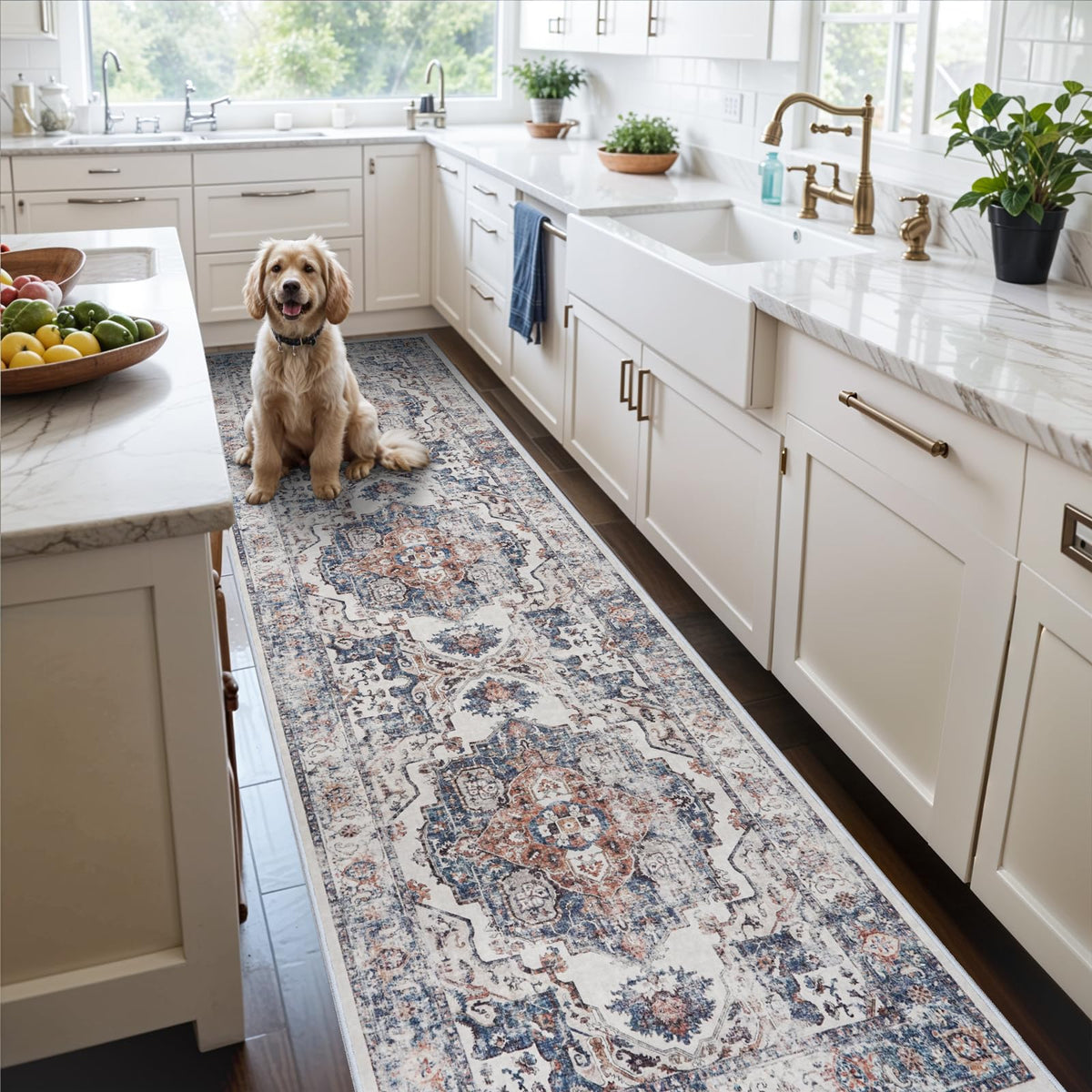 Hallway Washable Runner Rug - 2x10 Kitchen Rugs Entryway Rug Runner Vintage Soft Floor Mat Non Slip Indoor Farmhouse Carpet for Bathroom Living Room Bedroom (2 X 10, Beige)