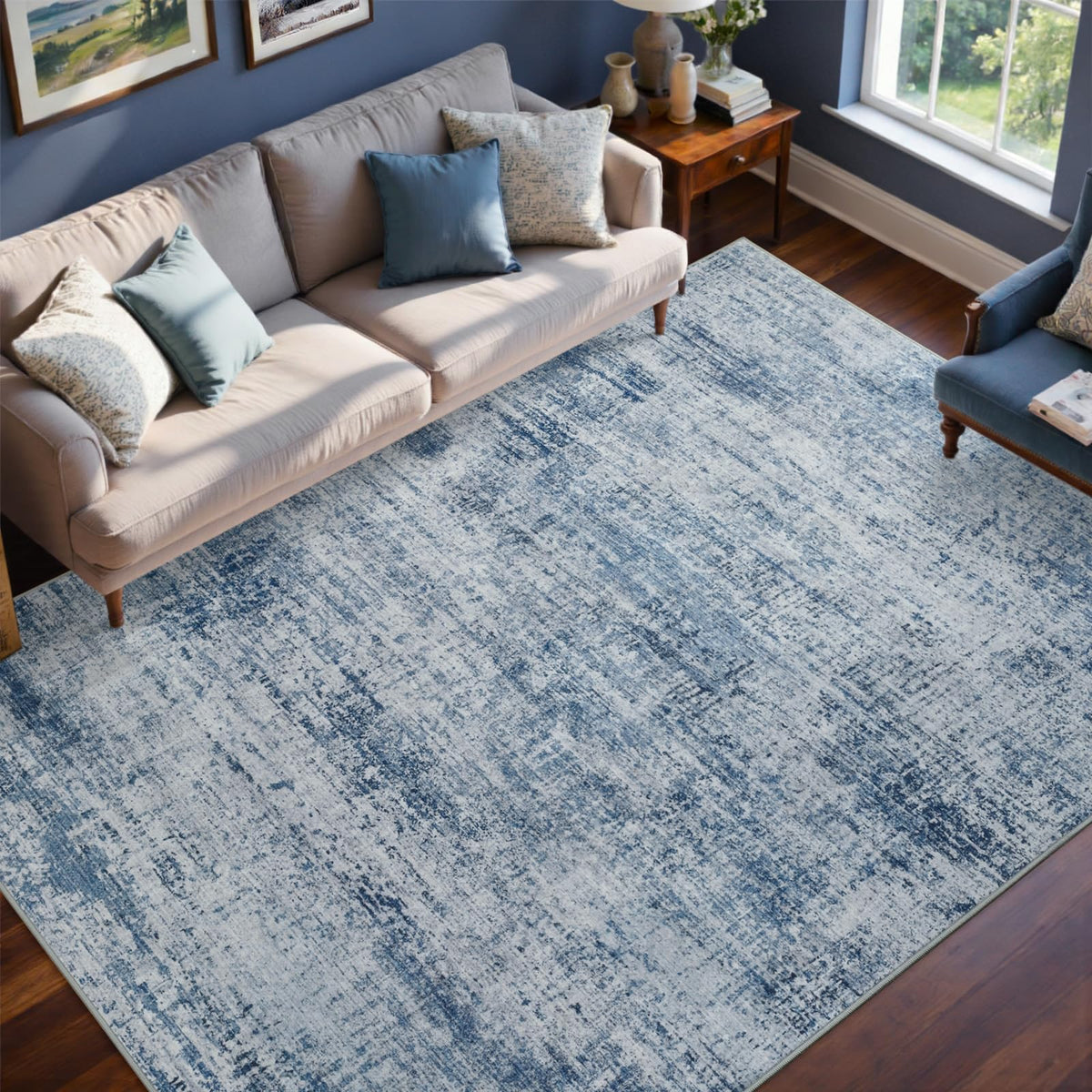 6x9 Ft Large Area Rugs for Living Room, Soft Non-Slip Washable Rugs Modern Abstract Pattern Carpet for Bedroom Indoor Floor Nursery Home Decor (Blue)