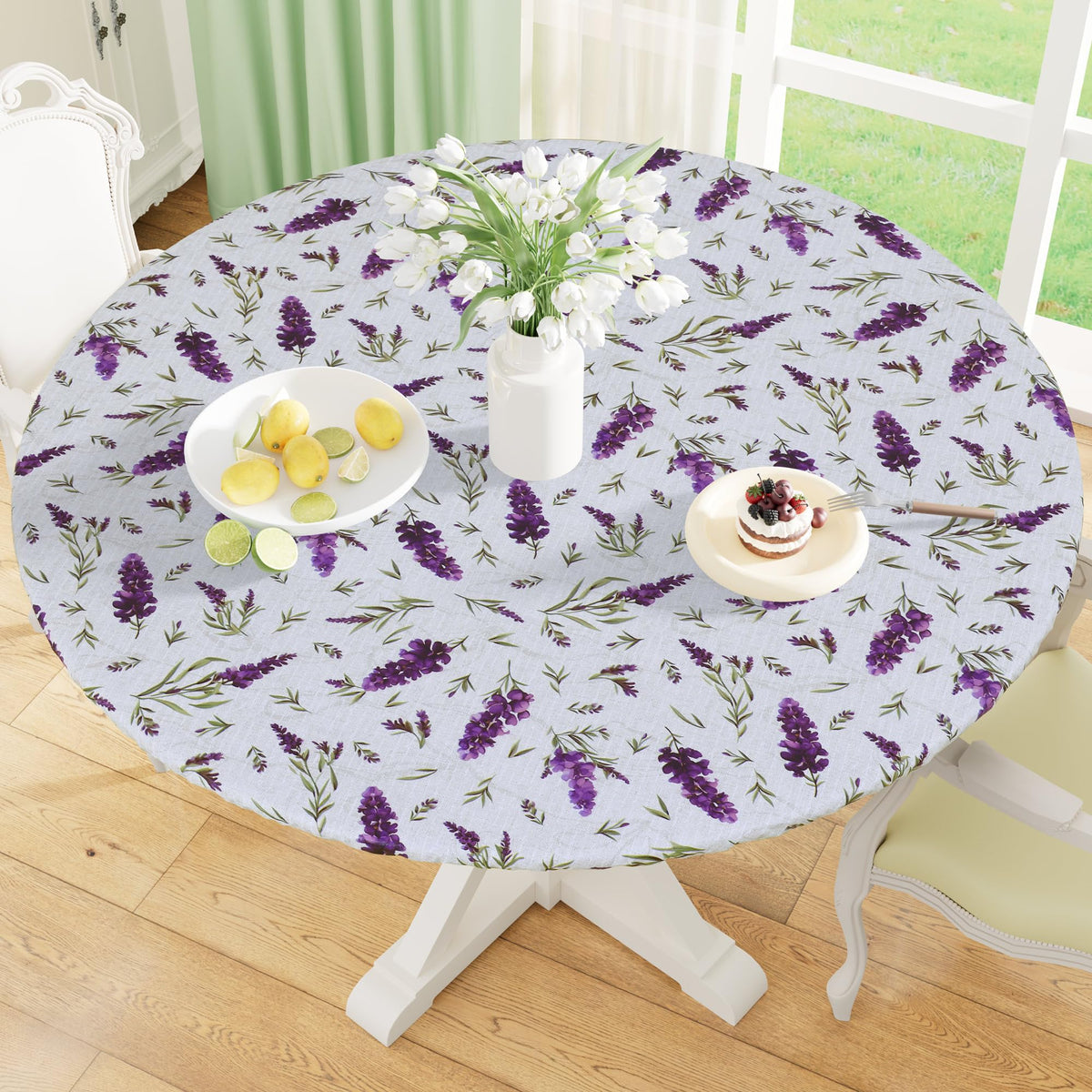 misaya Round Fitted Tablecloth with Elastic Edge, 100% Waterproof Oil Proof Plastic Table Cover, Vinyl Flannel Backed Tablecloth Fits 36"-44" Round Tables for Dinner, Outdoor, Picnic, Flowers