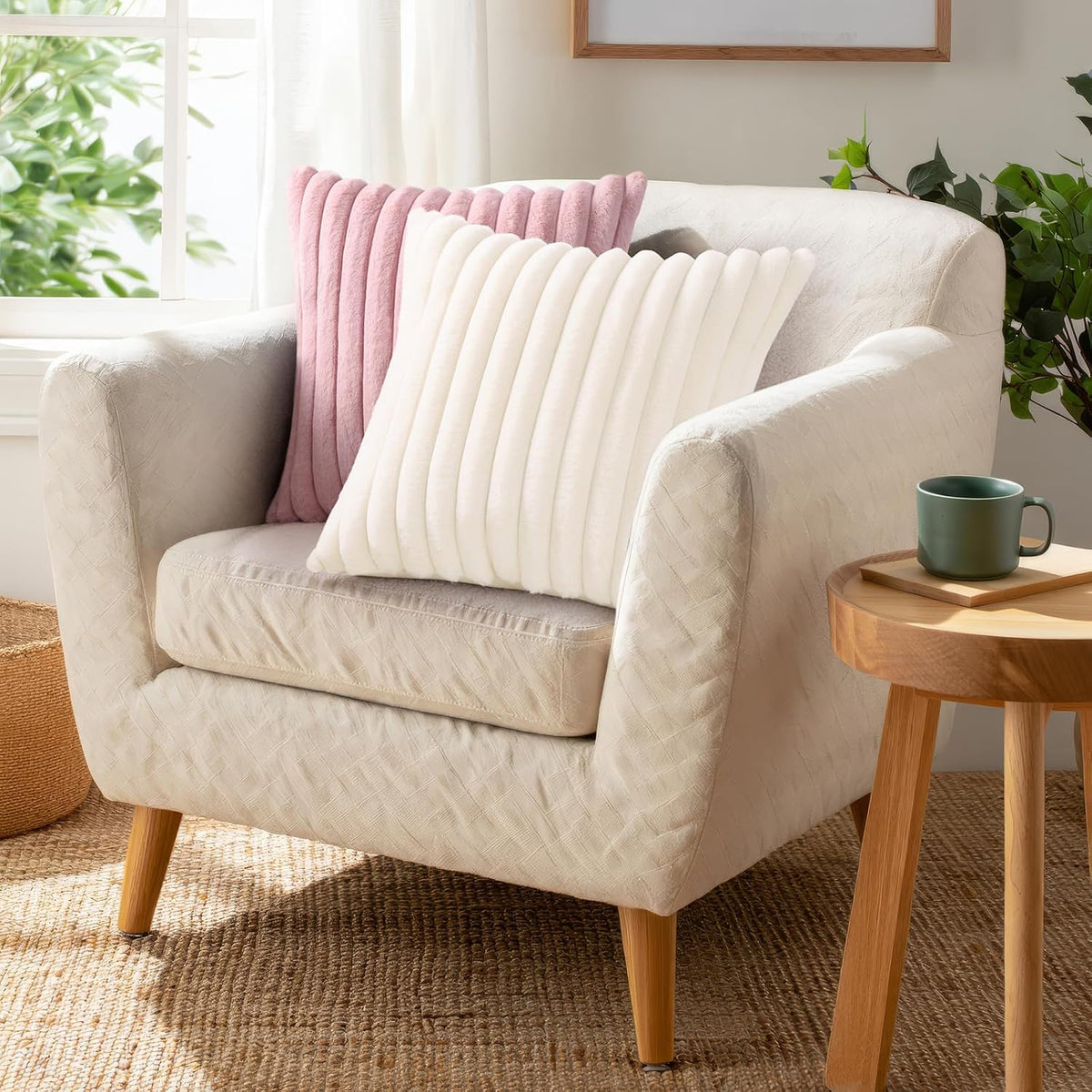 Pallene Faux Fur Decorative Throw Pillow Covers 18x18 Set of 2, Cream White