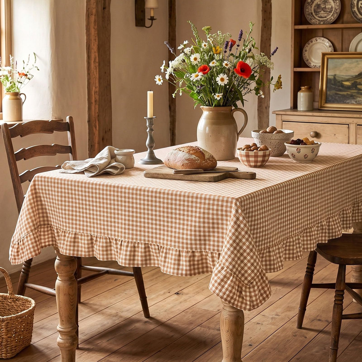 Mindsoft Brown Ruffled Gingham Tablecloth, 52 x 70 Inches, Rectangle
