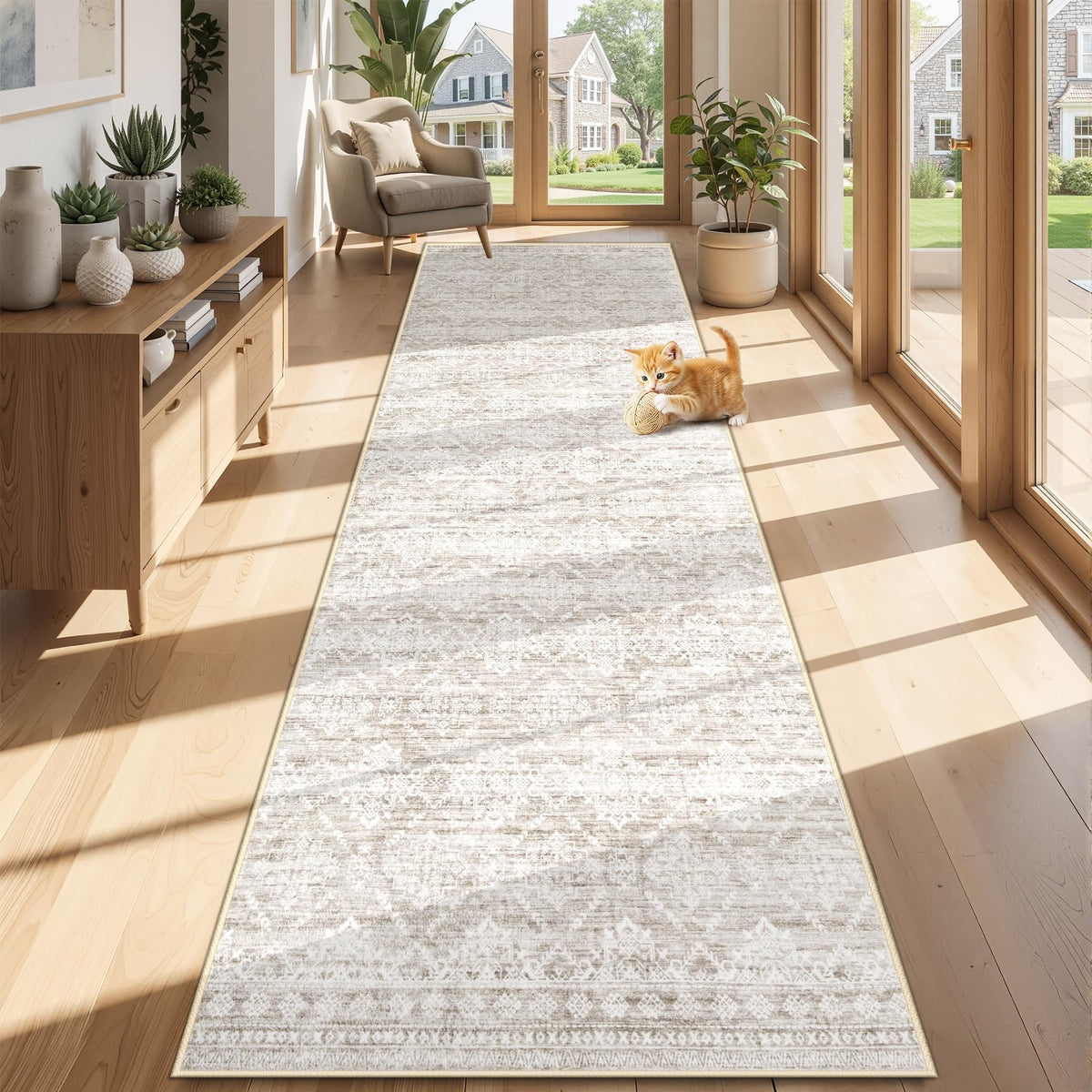 Area Rug for Living Room 6x9: Large Washable Boho Moroccan Rugs Geometric Neutral Rug, Non-Slip Foldable Morden Farmhouse Indoor Floor Carpet for Bedroom Dining Table Home(Brown Green,6'x9')