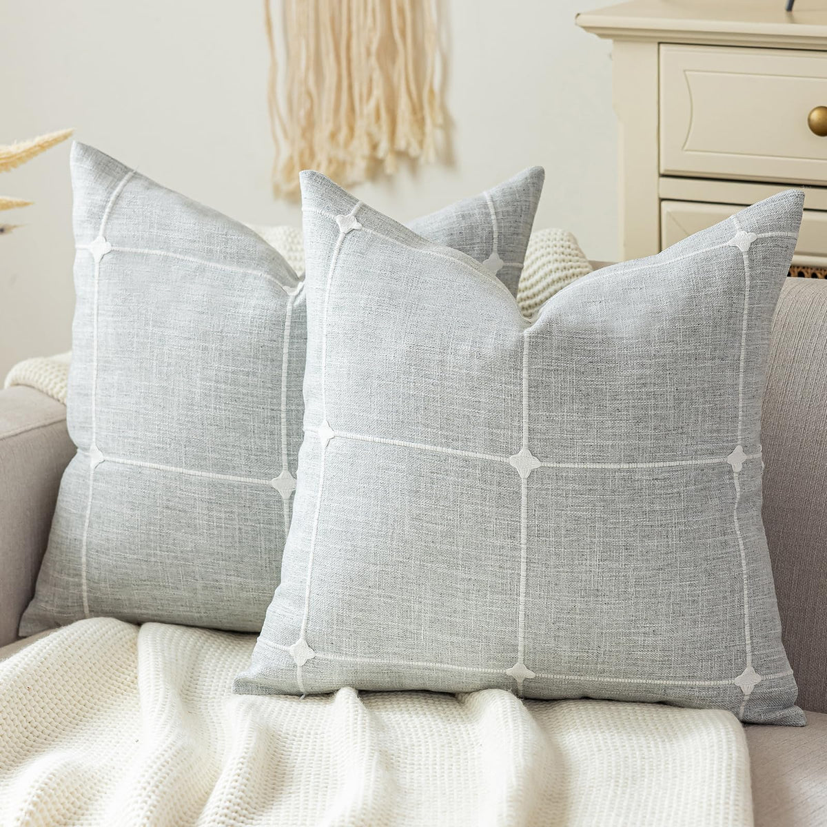 vctops Rustic Lattice Cotton Linen Decorative Throw Pillow Cover Embroidery Square Cushion Cover Pillowcase for Sofa Bedroom Couch (Plaid Coffee,18"x18")