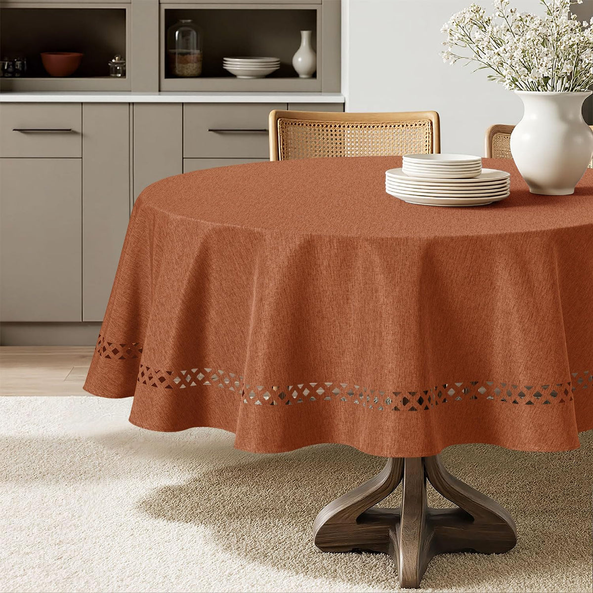 MIULEE Beige Rectangle Tablecloth with Decorative Cutouts 60x104 inch