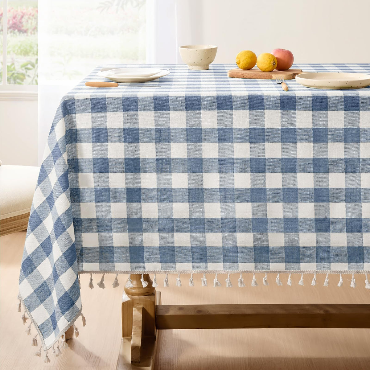 Softalker Gingham Rectangle Tablecloth with Tassel, Sage Green, 55" x 84"