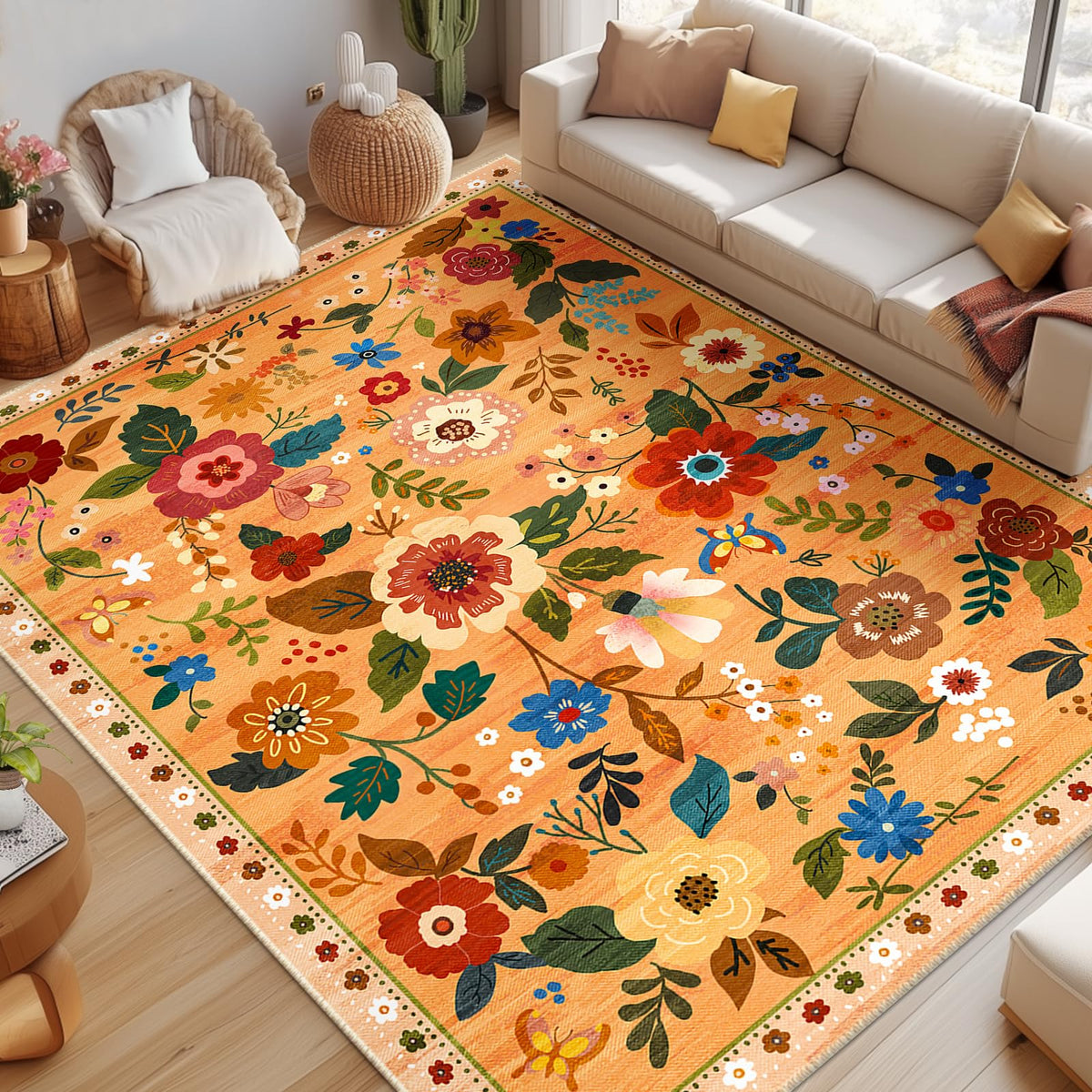 RELEANY Floral Washable 5x7 Area Rugs Black