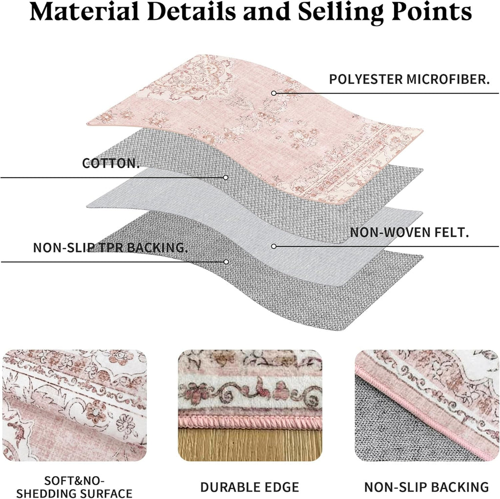 Soft Pink Rug for Girls Room: 5x8 Vintage Washable Carpet Bedroom Nursery
