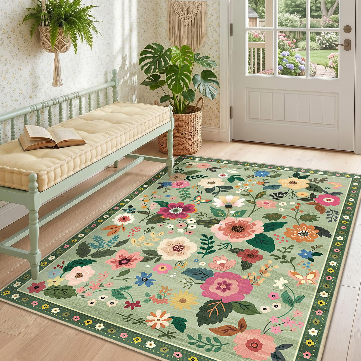 RELEANY Floral Washable 5x7 Area Rugs Black