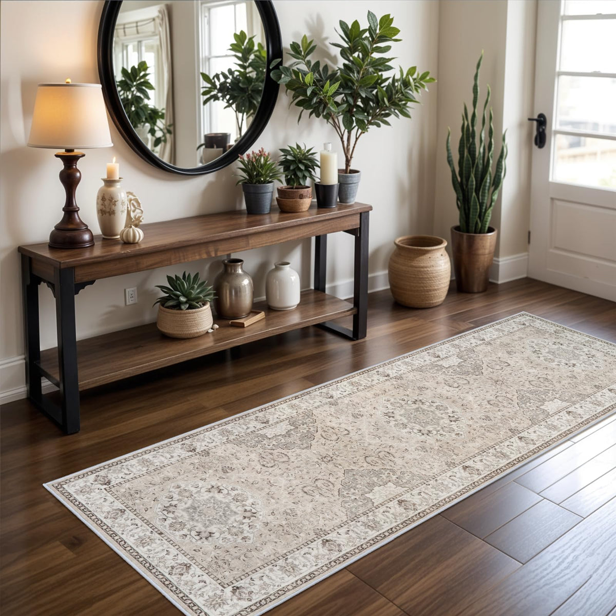 Hallway Washable Runner Rug - 2x10 Kitchen Rugs Entryway Rug Runner Vintage Soft Floor Mat Non Slip Indoor Farmhouse Carpet for Bathroom Living Room Bedroom (2 X 10, Beige)