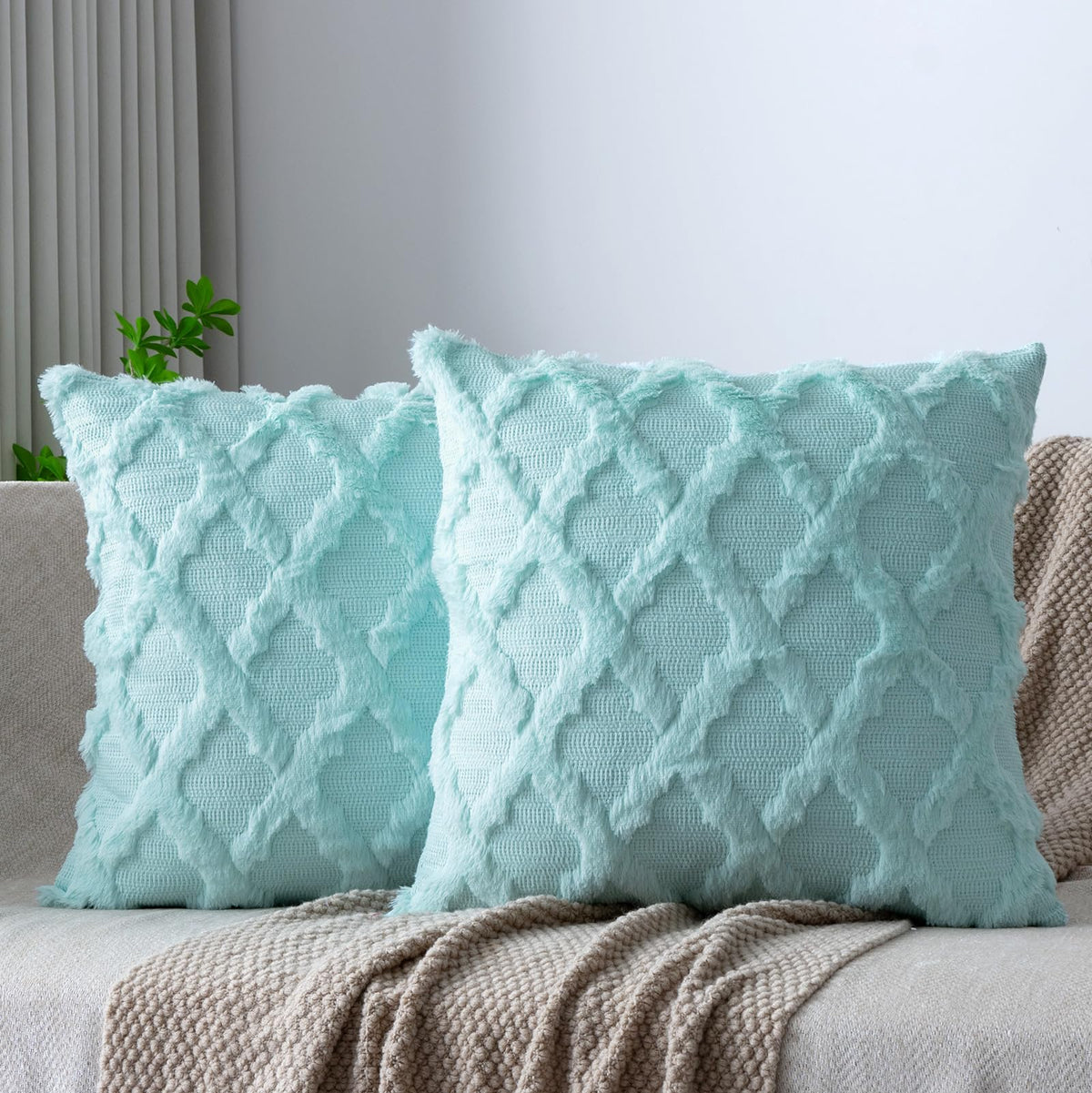 Set of 2 Soft Moroccan Throw Pillow Covers 18x18 Inch Plush Boho Decorative Pillow Cover Accent Cushion Case for Couch Sofa Bed, Beige