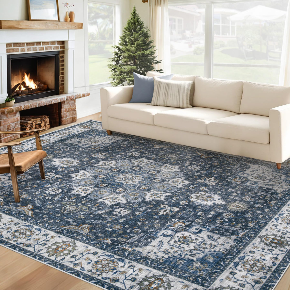 Area Rug 8x10 Washable Rug, Vintage Boho Medallion Rugs Non-Slip Soft Low Pile Large Distressed Rug Indoor Retro Carpet for Living Room Bedroom Dining Room Office Children's Room(Beige, 8'x10')