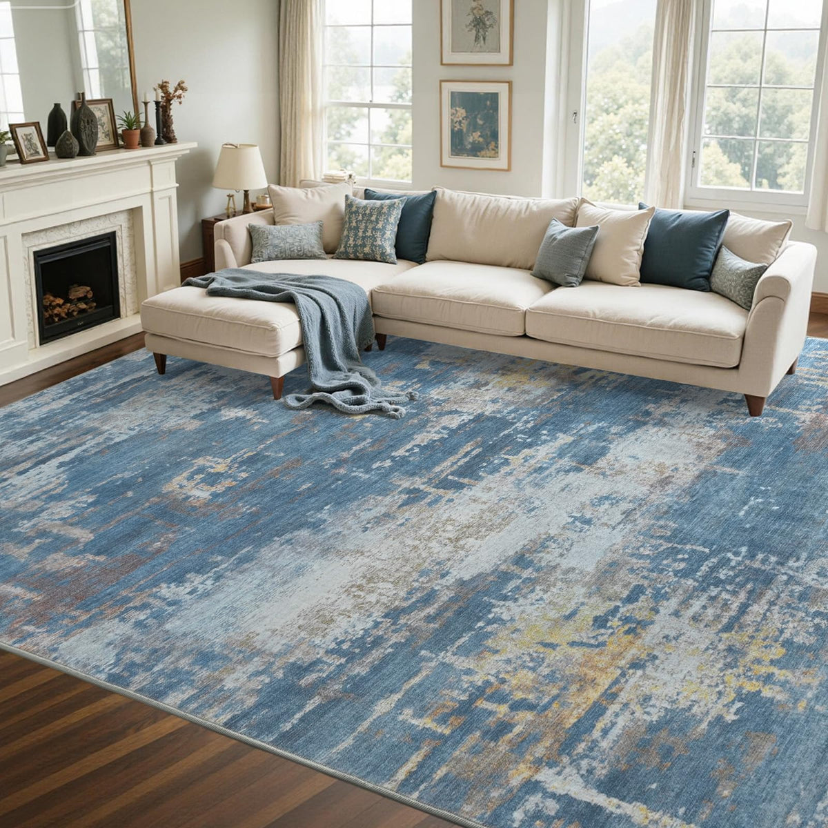 6x9 Ft Large Area Rugs for Living Room, Soft Non-Slip Washable Rugs Modern Abstract Pattern Carpet for Bedroom Indoor Floor Nursery Home Decor (Blue)