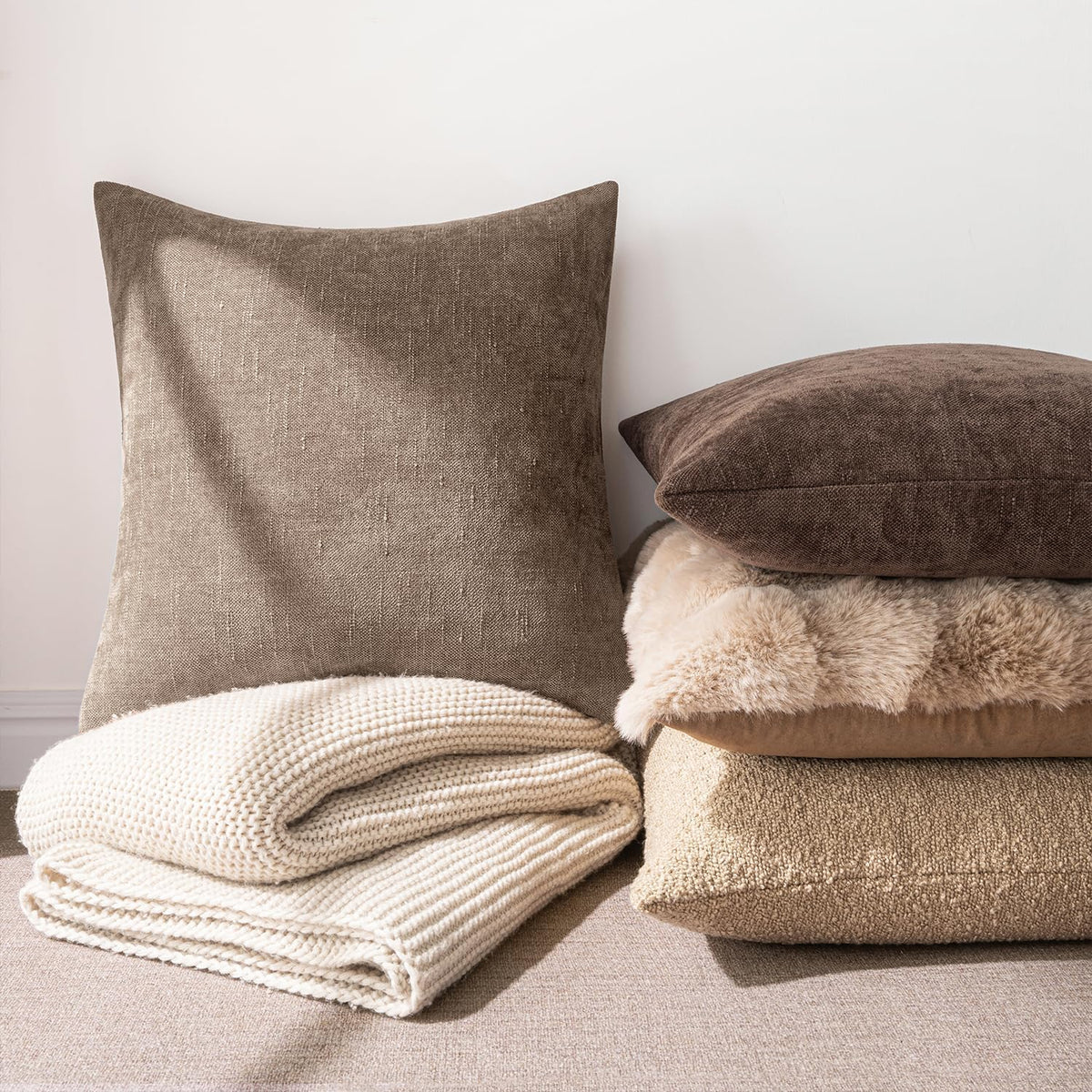 MIULEE Textured Chenille Throw Pillow Covers 20x20 Inch Taupe Grey