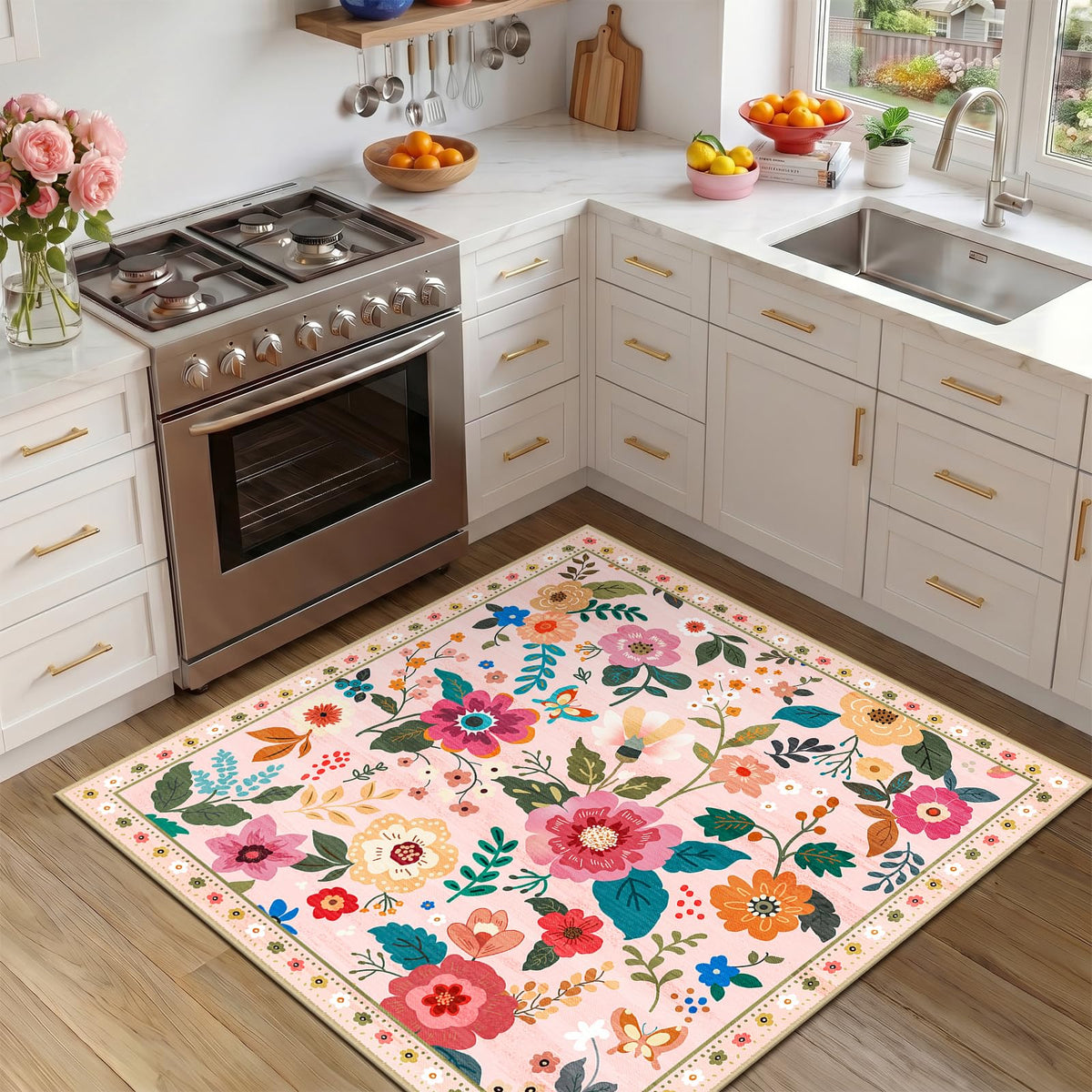 RELEANY Floral Washable 5x7 Area Rugs Black