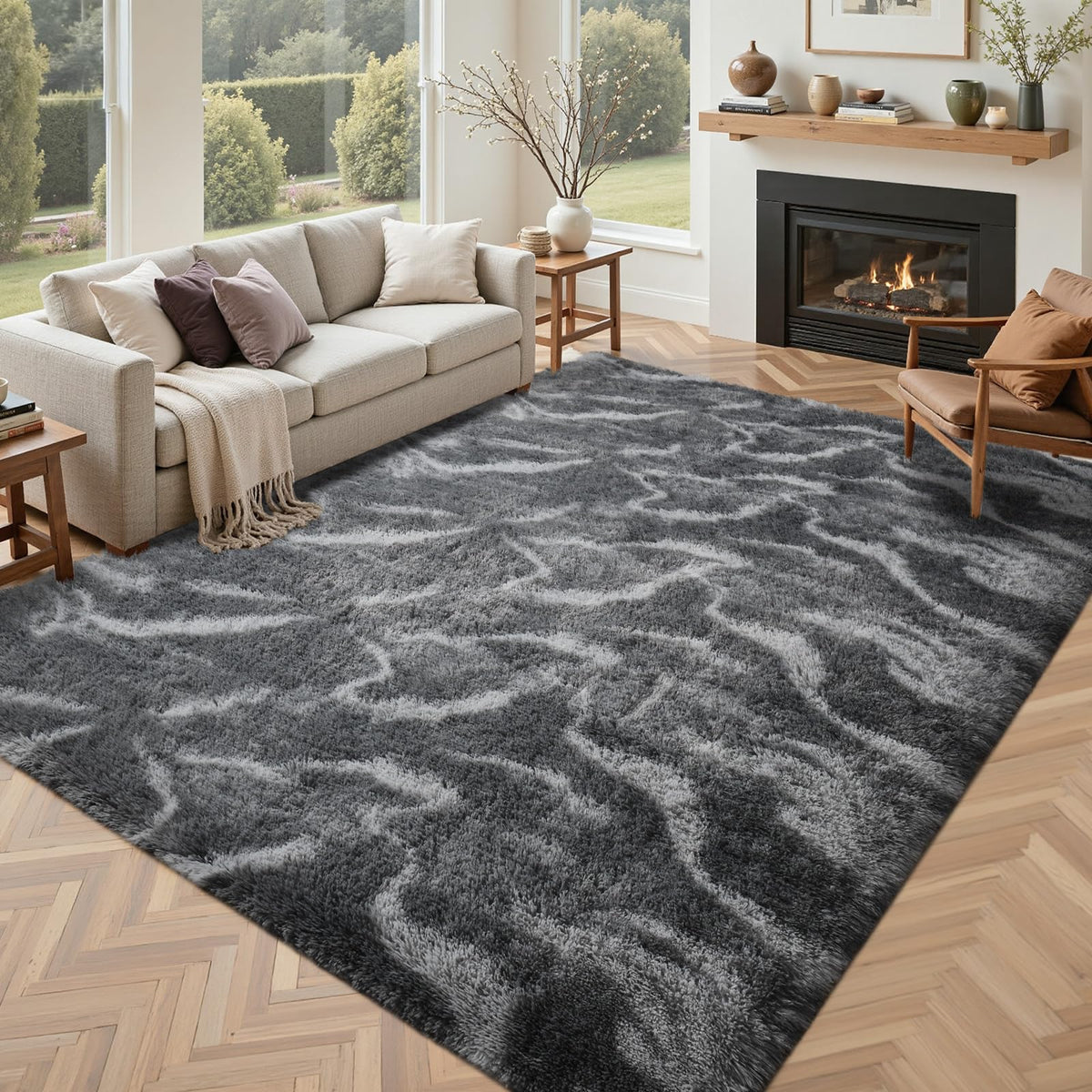 5x7 Black Area Rugs for Living Room, Large Fluffy Shag Bedroom Rugs Non-Slip, Ultra Soft Plush Carpet for Nursery Kids PlayRoom Dorm Office Indoor Modern Carpets