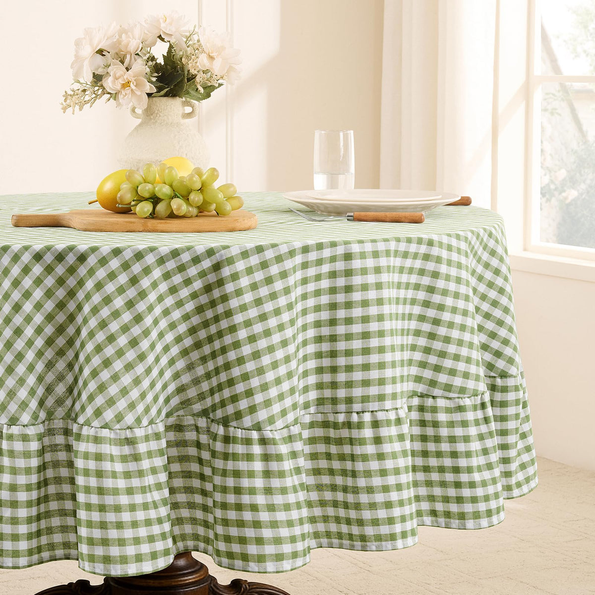 Romanstile Gingham Ruffled Tablecloth Rectangle, 60 x 84 Inch, Sage Green