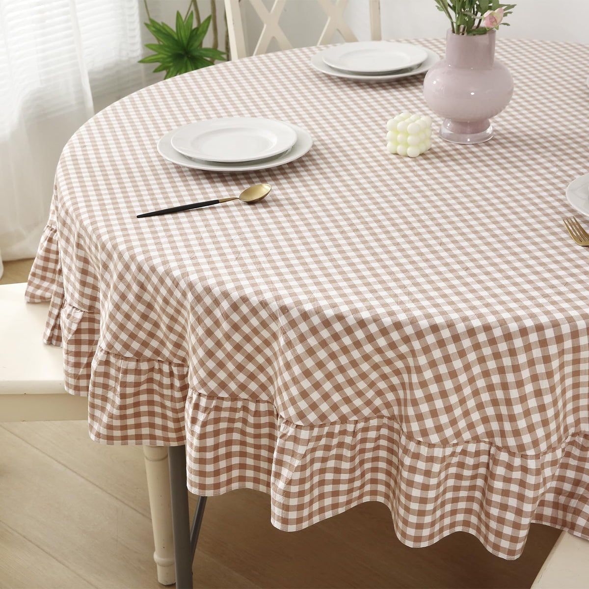 Blush White Gingham Ruffled Table Cloth Rectangular 120“x60”