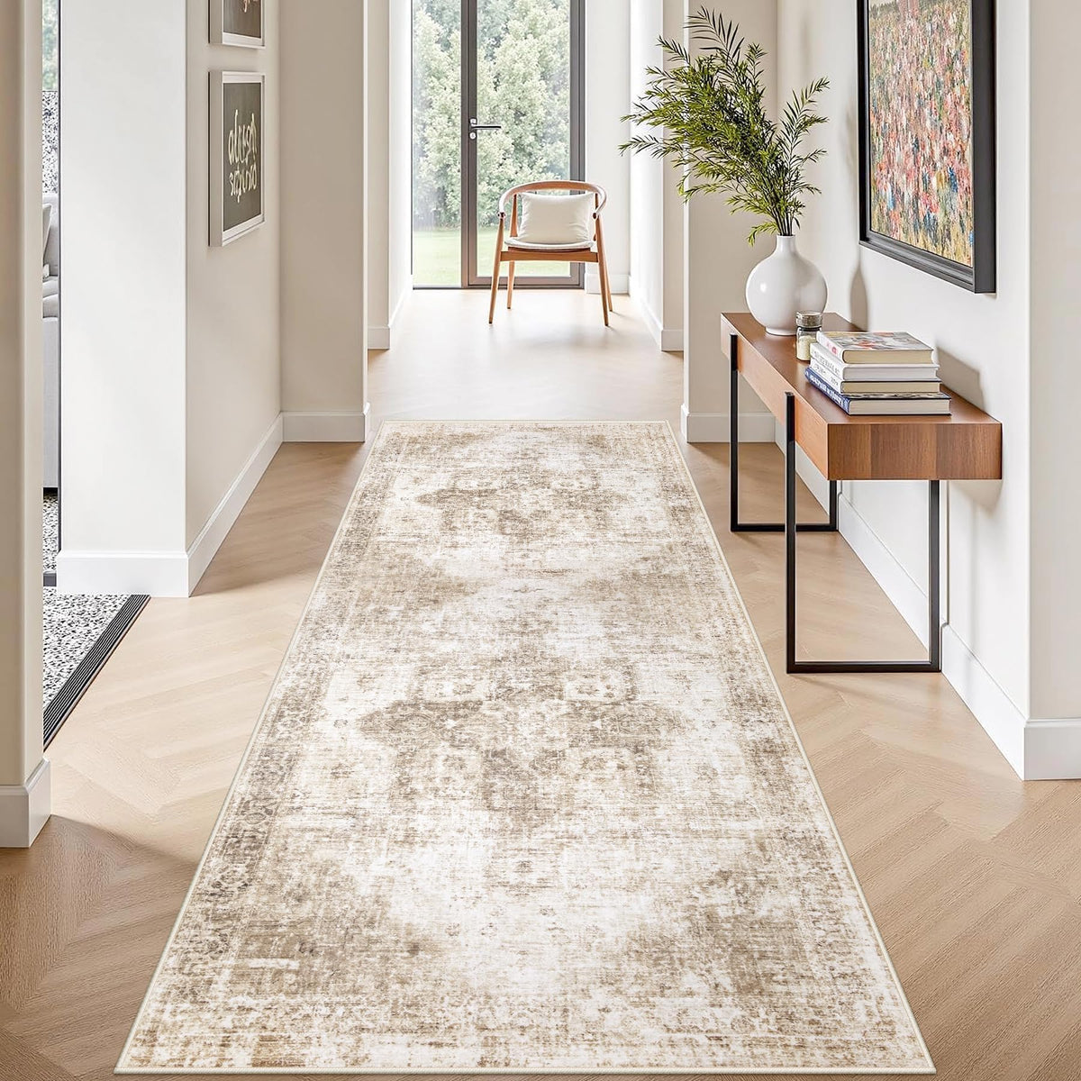Area Rug 8x10 Washable Rug, Vintage Boho Medallion Rugs Non-Slip Soft Low Pile Large Distressed Rug Indoor Retro Carpet for Living Room Bedroom Dining Room Office Children's Room(Beige, 8'x10')