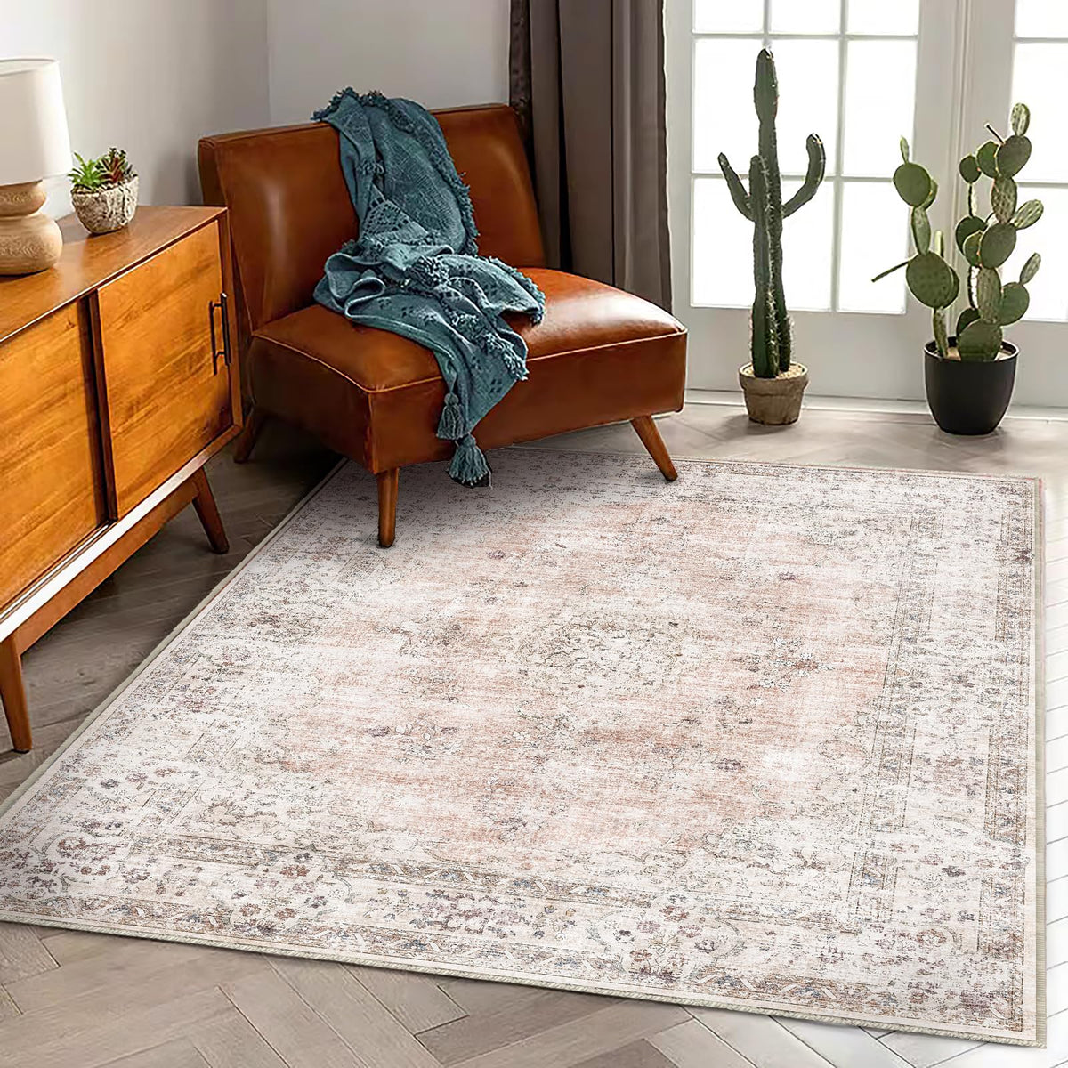 CHAMPLANT 6'x9' Washable Vintage Area Rug Boho Chic Medallion Distressed Design Non-Shedding Easy Care Ideal for High Traffic Areas in Living Room Bedroom Kitchen Office Large Carpet