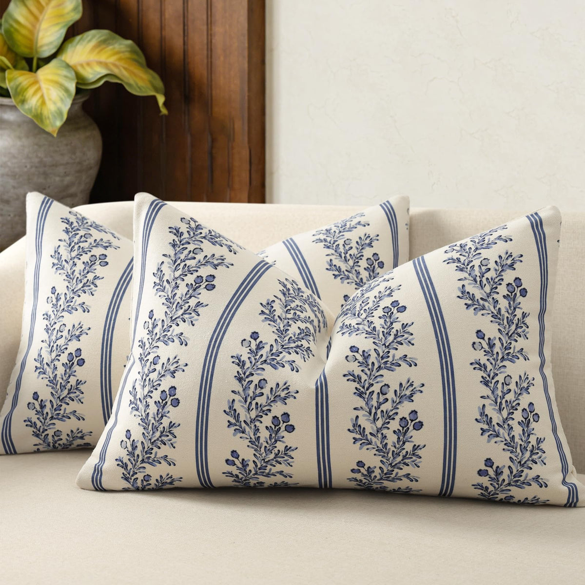 Vintage Throw Pillow Covers 18x18 Set of 2, Striped Floral Pillow Cover Botanical Patterned Decorative Cushion Covers Modern Farmhouse Home Decor for Sofa Couch Bed Living Room, Light Blue