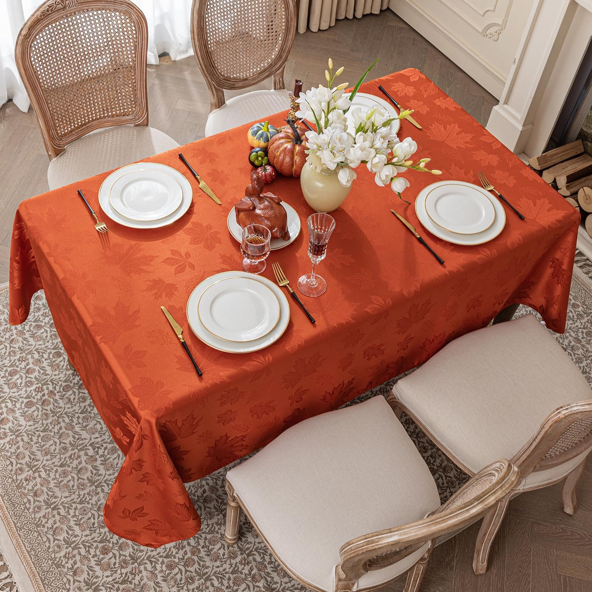 Softalker Fall Jacquard Rectangle Tablecloth, 60 x 84 Inch Burnt Orange