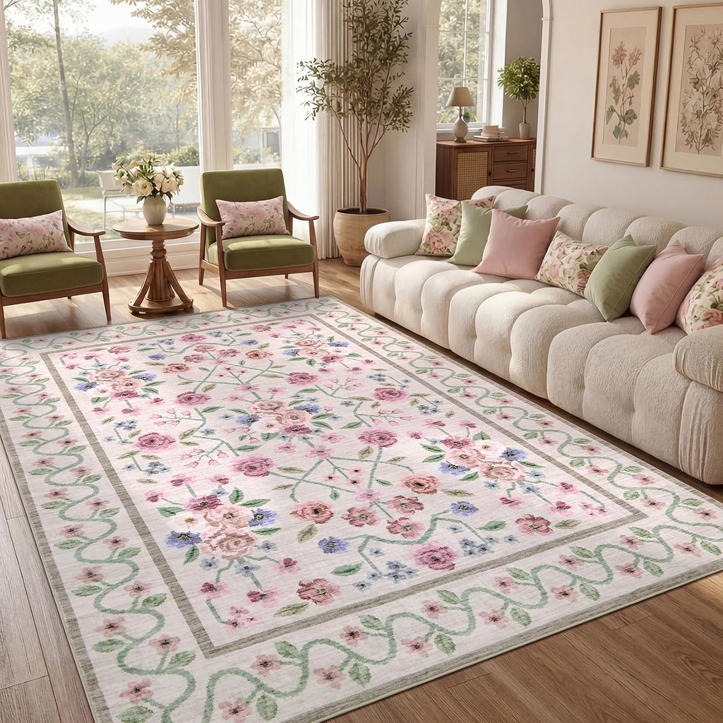 Garvee Beige Floral 5x7 Area Rug for Bedroom Living Room