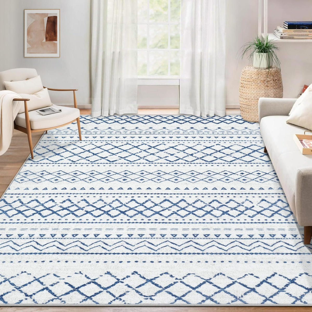 Area Rug for Living Room 6x9: Large Washable Boho Moroccan Rugs Geometric Neutral Rug, Non-Slip Foldable Morden Farmhouse Indoor Floor Carpet for Bedroom Dining Table Home(Brown Green,6'x9')