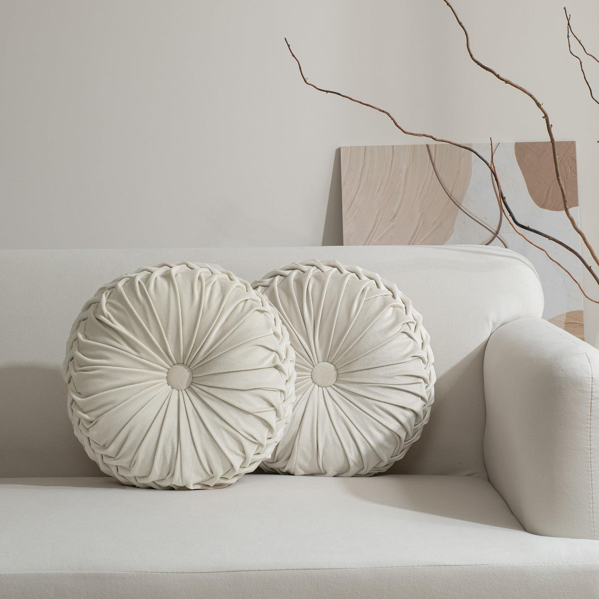 HIG Set of 2 Olive Velvet Decorative Round Pleated Throw Pillows